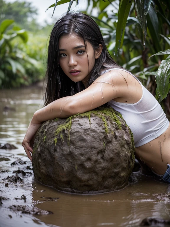 ((top-quality、in 8K、masterpiece:1.3、Raw photo))、Super high quality photos, tropical jungle、Very beautiful Japan idols, Slim legs, Wear a see-through shirt, My whole body is wet with mud、Hair is also wet, ((lie on your back in the mud)), ((The whole body is covered in mud)), Jungle background, Stick out the tongue, (Photorealistic: 1.4), (hyper realisitic: 1.4), (Realistic: 1.3), (Smooth lighting: 1.05), (Improved film illumination quality: 0. 9), 32K, 1 girl, 20yr old, (Quality Improvement: 1.4), (Realistic skin texture of the highest quality: 1.4), Narrow eyes, Narrow face, Fine eyes, (Strengthens the atmosphere of the body line: 1.1), (Beautiful skin texture enhancement: 1.1), Cinematic lighting、Pouring rain、the whole body is wet、Hair is also wet、(rainy wet、Wet in the rain、Wet body:1.2)、 ((lie on your back in the mud)), ((The whole body is covered in mud)), ((My hair, Face, and the body is covered in mud.)), ((Half-open lips)), ((camel's toe)).