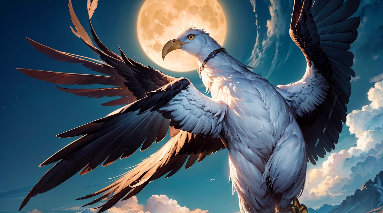 (top quality picture,masterpiece level,high-level image quality),beautiful big bird flying in the sky,beautiful night sky and full moon,Legendary Birds,Legendary creatures,imaginary bird,(Accurate images,Image without defects,Realistic image,accurate anatomy)