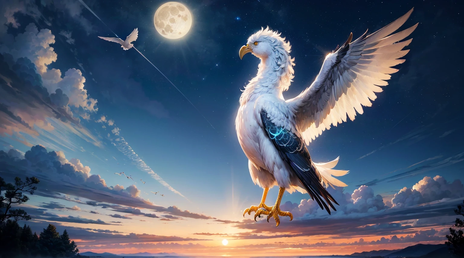(top quality picture,masterpiece level,high-level image quality),beautiful big bird flying in the sky,beautiful night sky and full moon,Legendary Birds,Legendary creatures,imaginary bird,(Accurate images,Image without defects,Realistic image,accurate anatomy)