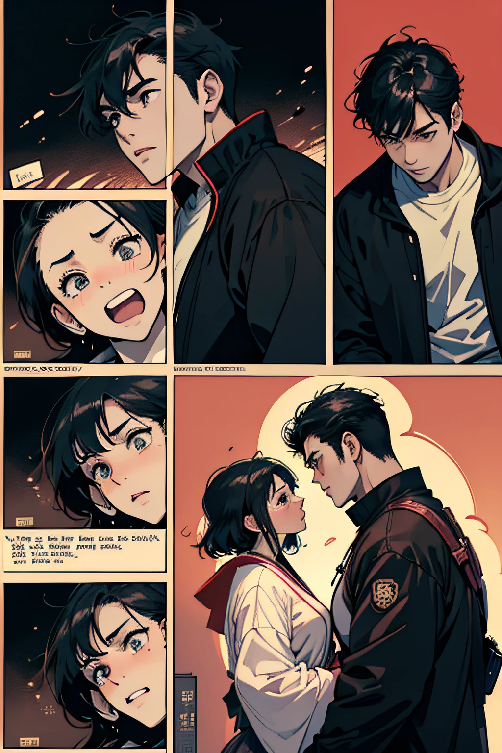 Comic Storyboard:1.8, comic strip, Comic Layout, My favorite manga storyboard, story of a loving couple, anime emoji theme pack, Hyper Hi-Vision, Japanese anime manga style, red background dark sky, 24K UHD.