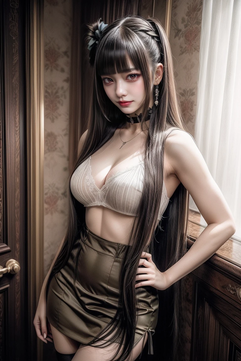((((((17 age)))))),17 age,17 age,(((Blunt bangs, princess bangs))), (((Very heavy,very voluminous bangs:1.1))),(((Very long, Very heavy,Very voluminous side locks:1.1))),, hime-cut, Hairstyle with straight bangs, Round face with dull bangs, dull with long hair、Bangs are cut straight,(masterpiece, high quality:1.1), cinematic lighting, extremely detailed,
MarikaMamiya, solo, standing, hands on hips, cowboy shot,
looking at viewer, determined, blush, smile,
green hair, long hair, hair bow, brown eyes, necklace, choker,
sleeveless short dress, miniskirt, center opening, criss-cross halter, bra, detached sleeves, white thighhighs,
large breasts, cleavage,
luxury room, mansion, windows, sky,
Huge, breasts,
on floor,