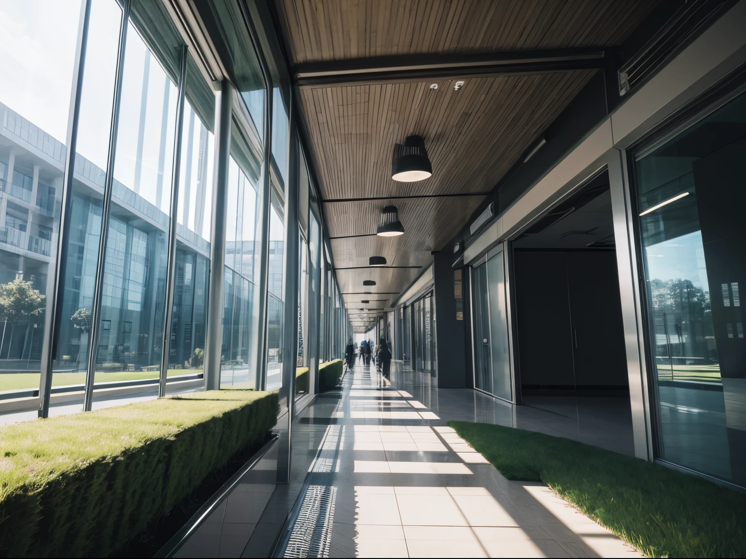 Grass path inside modern place, modern building, inside, high tech, wide angle, no one