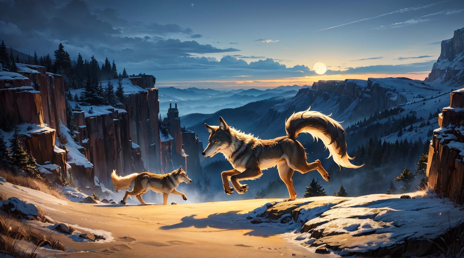 (top quality picture,masterpiece level,high-level image quality),coyote(One wolf,Super cool,Realistic coat),wolf running on cliff,Rin on all fours々run well,beautiful night sky and full moon、Tiere,creatures,