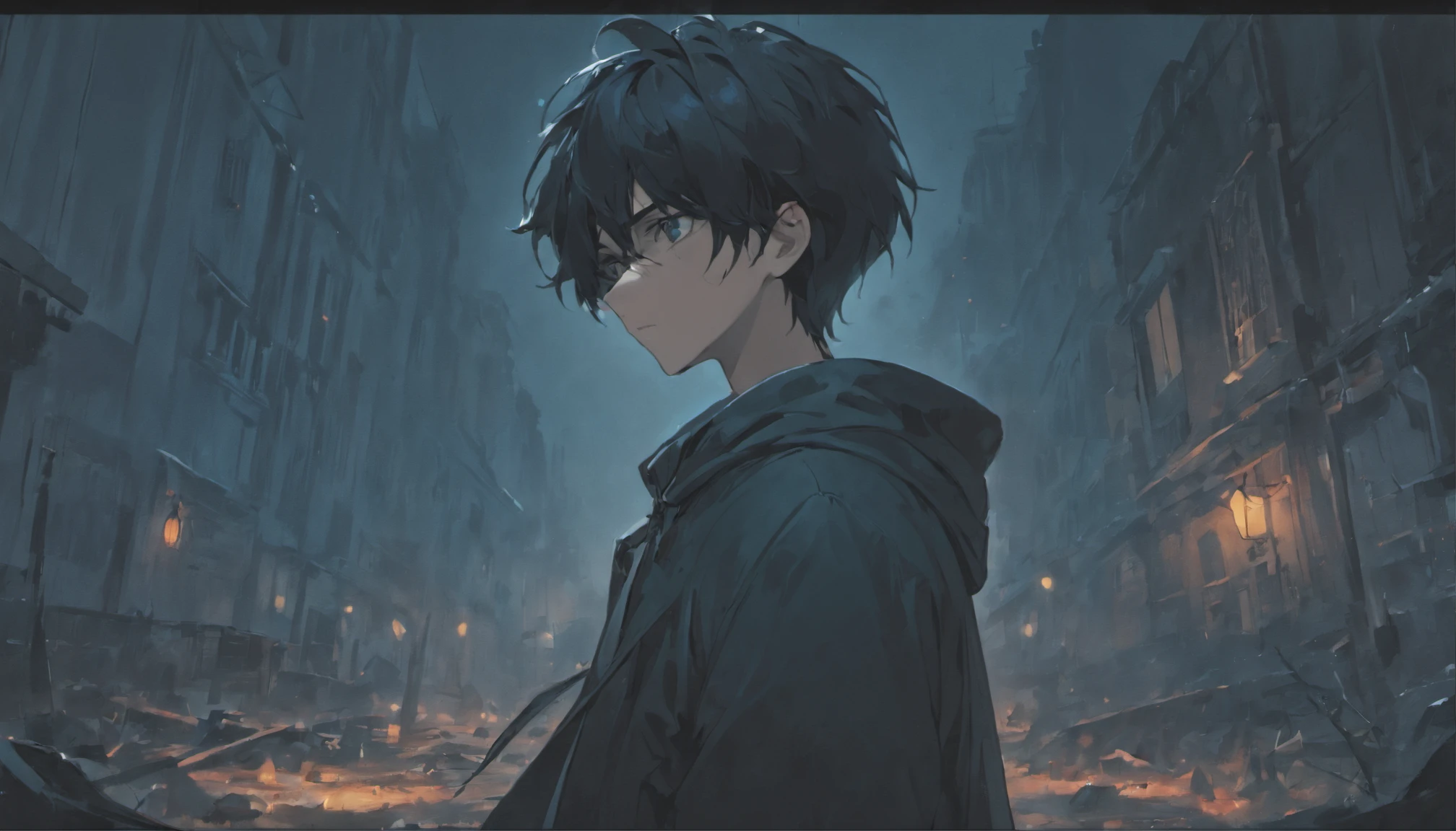 (Best Quality,despairing,Desperate,Dark-haired young man,deep in thought,Mysterious atmosphere),Oil Painting,Realistic,Ultra-detailed,emotional,Undeservedly beautiful,Loneliness and isolation,Bright blue and deep purple color scheme,Dramatic Lighting,ruined buildings,Overgrown leaves,Crumbling walls,endless darkness,fiery red sunset,Stormy sky,tears ran down his face,Sad look,Broken Dreams,There was a dashed hope in his eyes...,Distorted reality,dark secret,ominous shadows,Dagger in his hand,An uncertain future,Dim lantern,striking contrast,Expressive brush strokes and textures,Capturing moments of weakness and pain,attract the audience'the feeling of,deeply introspective artwork.Distorted facial expressions,feeling of despair,Hold your head,Confront your inner self,