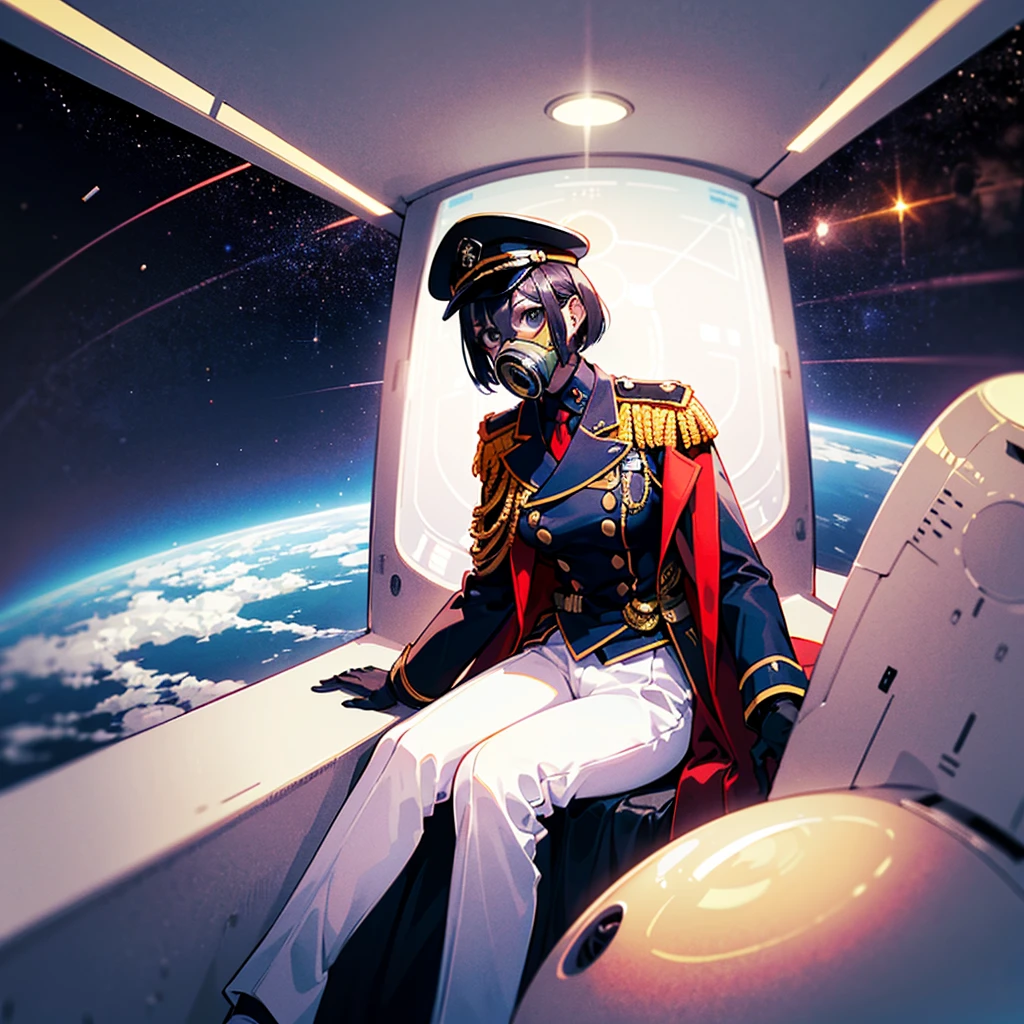 ((Masterpiece)), ((Best Quality)), ((Best Quality)), (Illustration of One Girl), Full Body, 25 Years Old, (Admiral), Black Hair Bob Cut, (((Gas Mask Covering Face)), Gray Eyes, (Tall)), ((Military Uniform)), ((Military Uniform)), (Military Hat)), ((Army Coat)), (White Clothes), (White Pants), (White Hat), Trench Coat, (((Inside the Spaceship, Sitting on the Captain's Seat)) , (outside the window, space, earth seen from space, spaceport)
