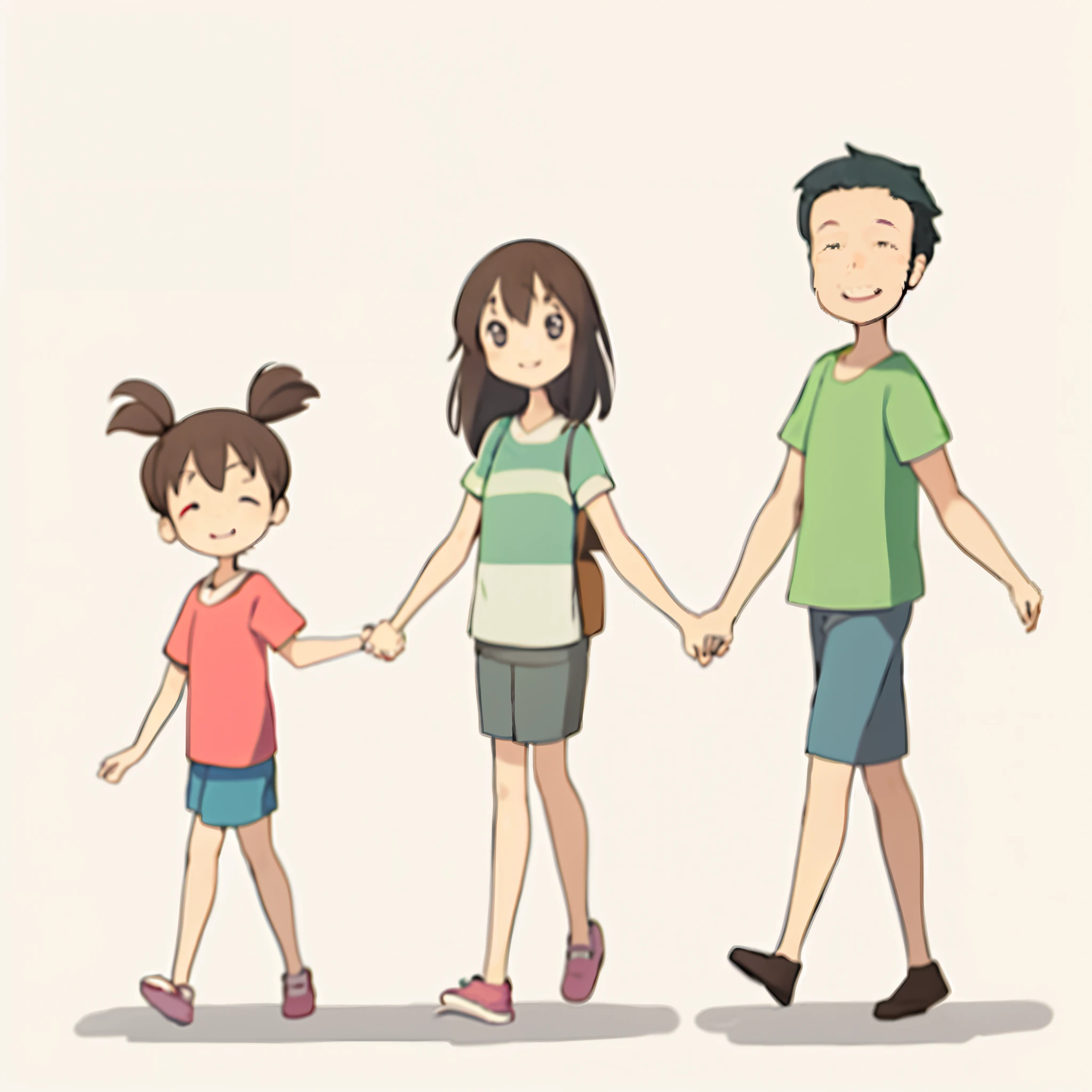 cartoon of a family walking together holding hands, happy family, style in ghibli anime style, walking together, by Naka Bokunen, style in ghibli anime, by Kamisaka Sekka, by Yanagawa Nobusada, lonely family, japanese animation style, japanese cartoon style, by Kobayashi Kiyochika, by Yuko Tatsushima