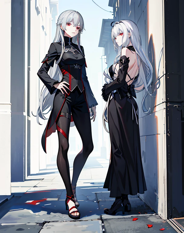 a high resolution, masterpiece, Very detailed,  Two girls, twins, Very long hair, White hair, black hair, Blue eyes, Scarlet eyes, flat chest, Long sleeves, white stockings, bare chest, naked torso, full length, Red shoes, Front angle, standing, legs spread