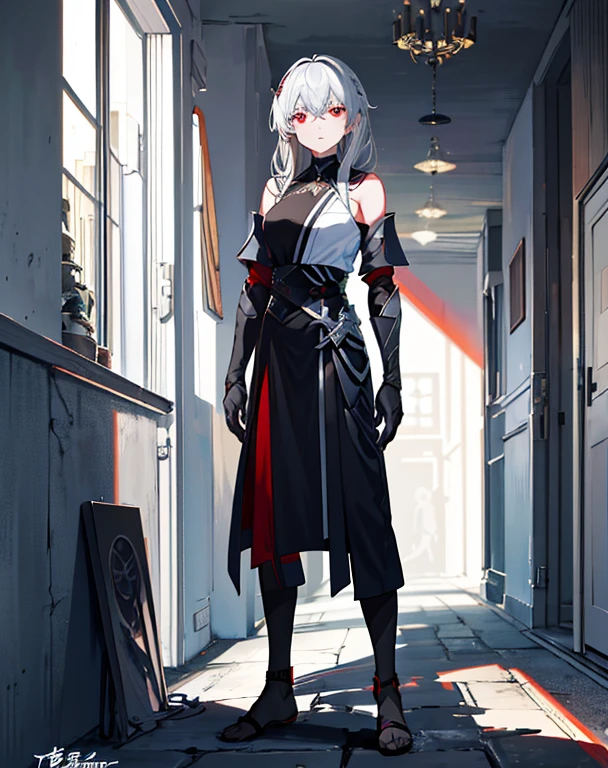Character Sheets, Three types,Shot Full Body,Game Character Design,(Character Sheet:1.2),full - body,((tmasterpiece)),(((beste-Qualit))),(Character design, same character, on front, from on the side, At the back), illustartion, 1 girl, one girls,独奏,tmasterpiece,The best quality at its best,gray hair,gray hair,gray hair,red eyes,blackened,darkly,Skirscraper,Shady,villain,derisive,overlooking,Black shadows,Viscous black liquid,visionary,Black belly,Steady,bare footed
