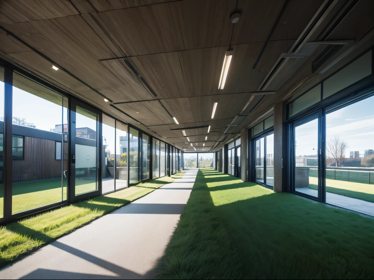 Grass path inside place, modern building, inside, high tech, wide angle, no one