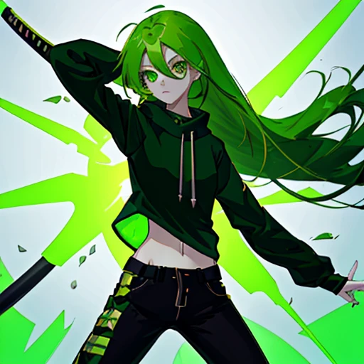 Girl, Green_hair, Simple_Clothing, Sweatshirt on the waist, body_slim, green_eyes, katana, Long _hair, anime_pose