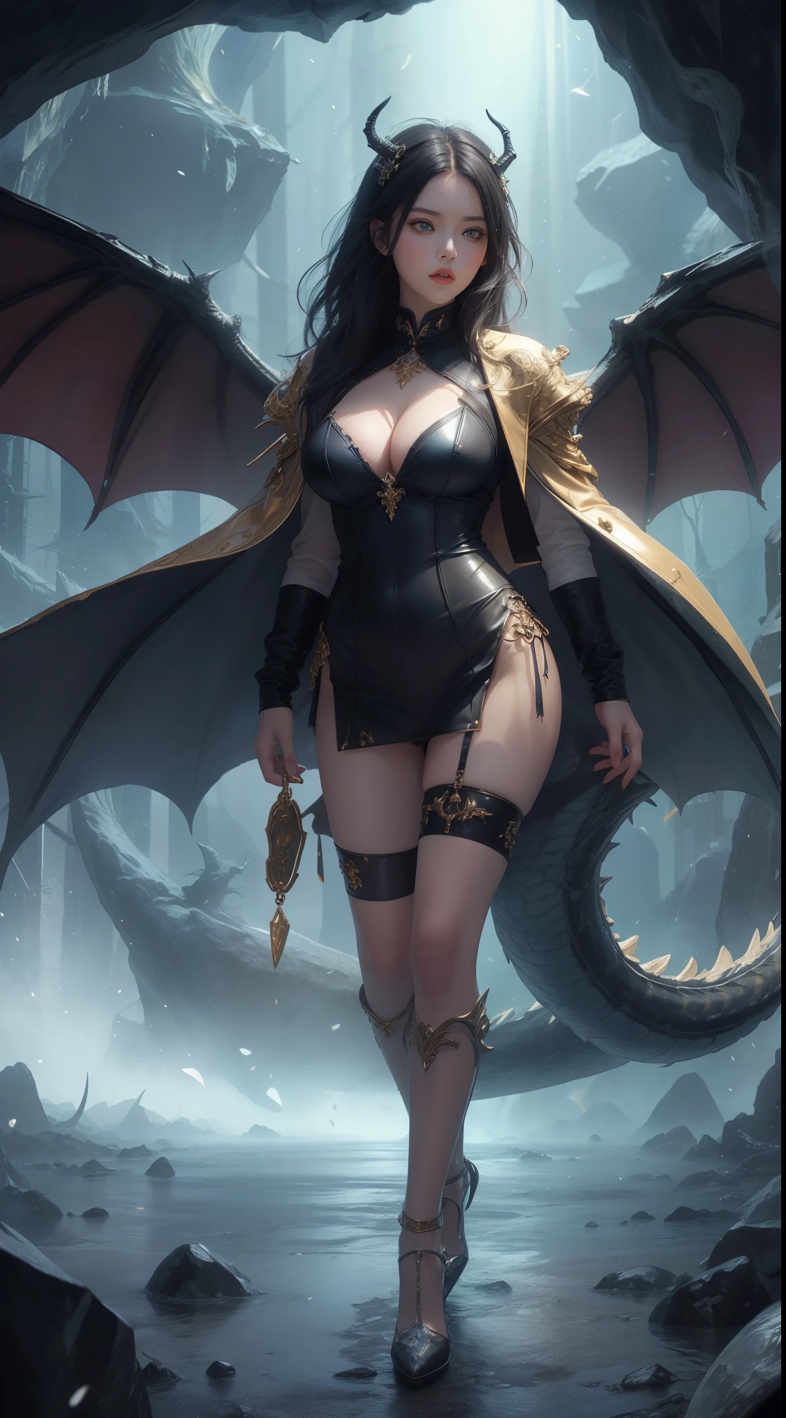 tmasterpiece,Highest image quality,Beautiful full body portrait of the noble dragon girl,Exquisite blue-black hairstyle,Clear golden eyes,Decorated with a series of dragon horns,White studded leather jacket,blackstockings,huge dragon wings,cave cave,Black silk beautiful feet,Ultra-detailed details,advanced。At the Pixiv Art Station,Break your own power,Luigi,Big breasts exposing cleavage,R-18G