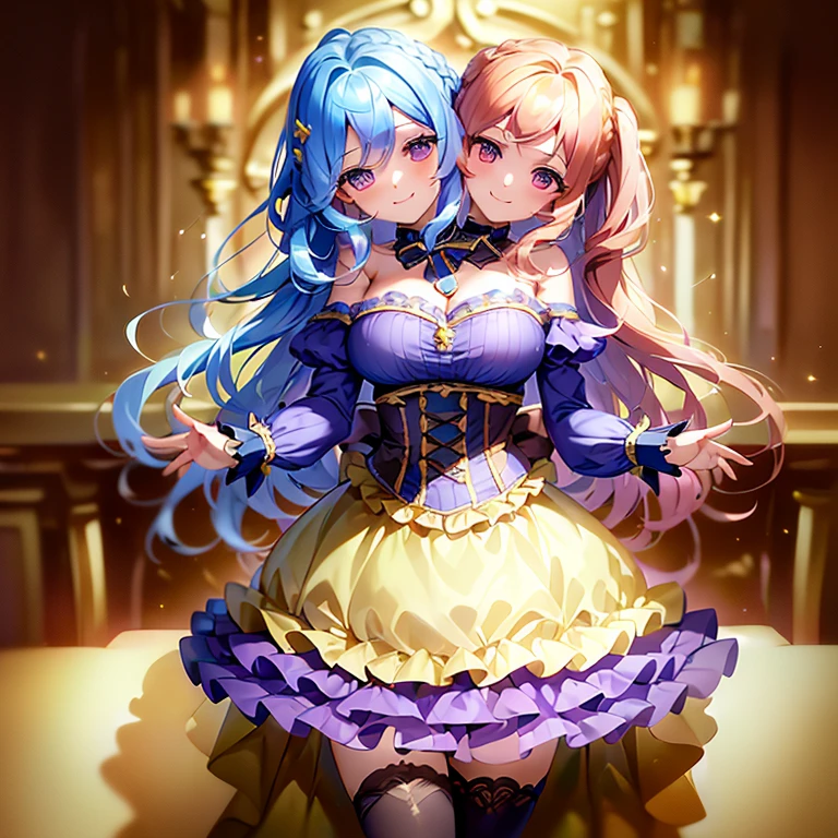 (highest quality, amazing details: 1.25), (masterpiece), good artist, 1girl, (2heads:1.5),smug, self-satisfied smile, wavy hair, cerulean blue hair, dark gold eyes, purple outfit, crown braid, frilly khaki skirt, brown boots, a frilly wine purple button-down blouse, both heads having identical hair color, Evil Precure