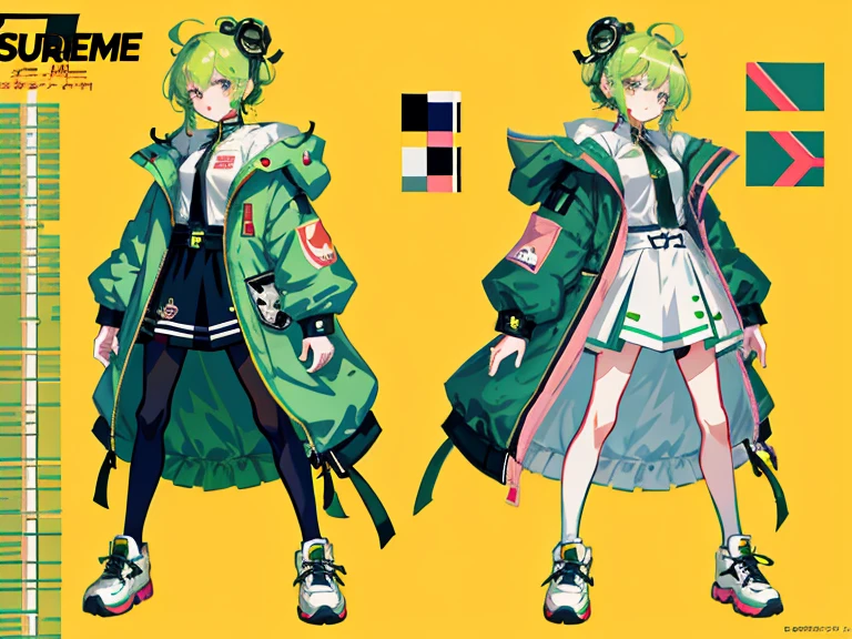 Character Sheets, Three types，Shot Full Body，Game Character Design，than a small flying moon，Girl in sunglasses and beans，Victorizo ∨TSE∨，Orange background,Stylistic expression, Character Sheets, Three types，Shot Full Body，Game Character Design，Victorizo ∨TSE∨,Stylistic expression, pastel colors, green, Toxic Green, absurdress, Full of Details,2 d anime style, anime moe art style, Jazz & Increased, cute art style, Anime-style illustration, pixiv style, pixiv, in anime style, anime art style, Full Body Commission, neon colors, neon green, The same character, absurdress,traditional Chinese clothing,Full of Details, ((Character design sheet,same character,front,side,backboob)),illustartion, big weapon, Cyborg, baggy clothes, bright pink, long pink hair, baggy clothes ， Snowman padded jacket，anime character reference sheet，[character design]，full height Interesting character design，