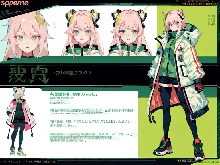 Supreme， green down jacket，lime color hair，pink eyes，Standing on your feet，submachine gun，Chinese girl design，Detailed Genshin graphics，anime character design，anime concept art，pretty anime character design，anime character reference sheet，[character design]，