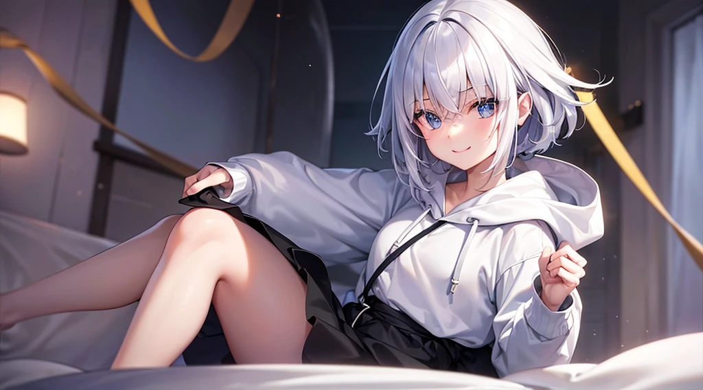 Ultra-high image quality,Look at viewers, hands behind back, girl with, 20 years old, Very short hair, long bangs between eyes, pale blue eyes, Hoodie, Skirt , Blue sky, Sunlight, Extremely detailed,(masterpiece、top-quality)、独奏、White hair、A smile、White skin as clear as snow、Fantastical, Silver hair, Black eyes, Beautiful eyes,, Ecstasy, charmed, be smitten with audience, Hoodie, White hoodie,a black skirt,Hair is short,look down from above,inside in room,on the beds,Western-style room,(masutepiece, Best Quality:1.1),独奏, 1girll, Curve, Evil smile,White jacket, Casual style,Open jacket, Cowboy Shot、独奏、Fluttering hair、a small face、hason、Bright smile、(parka、White sneakers)、(Fine fingers、Human hand)、(Detailed face) 、(top-quality: 1.4、tmasterpiece、 hyper HD、 Top resolution,、Very detailed、 profetional lighting、 Gray Light Lighting、