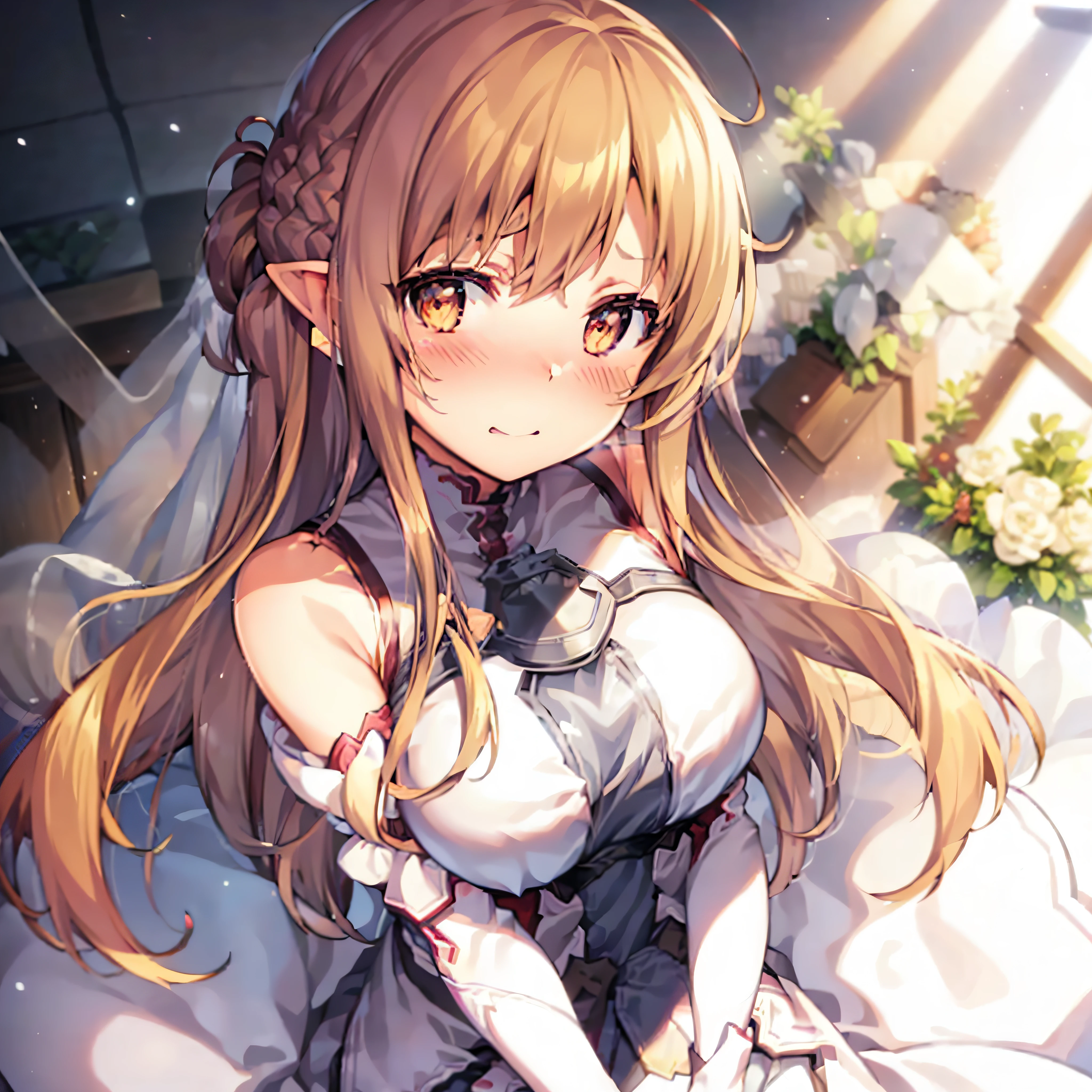 Realistic,((lilie)),((snowscape)),Wide Angle,1girl in, Long hair,((Shy)), embarrassed, blushed, Wide Angle, From  above, ((chies)), ((gargantilha)), ((weddingdress)), llight rays, Glow, (masutepiece), Wallpaper