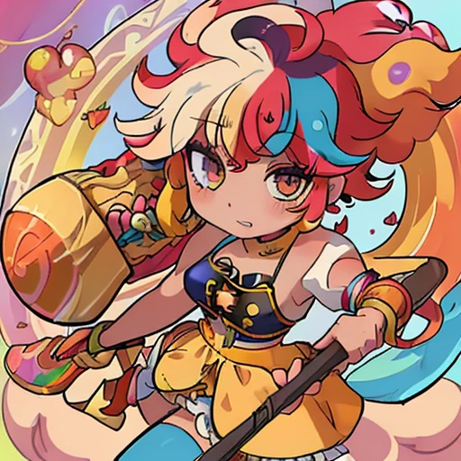 Girl, gold_hair, carnival_outift, body_slim, Rainbow_eyes, axe, afro_hair