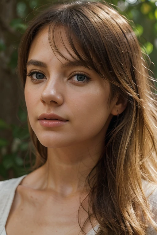 Generate a highly detailed and realistic image of a woman with a strikingly natural appearance. Focus on capturing the nuances of her features, such as the texture and color variations in her skin, the individual strands of her slightly blonde hair, and the depth and expressiveness of her eyes. Ensure that the image exudes authenticity and believability, making it appear as if the viewer could reach out and touch the tangible reality of the portrayed scene. Pay special attention to realistic lighting and shading to enhance the overall lifelike quality of the image."
