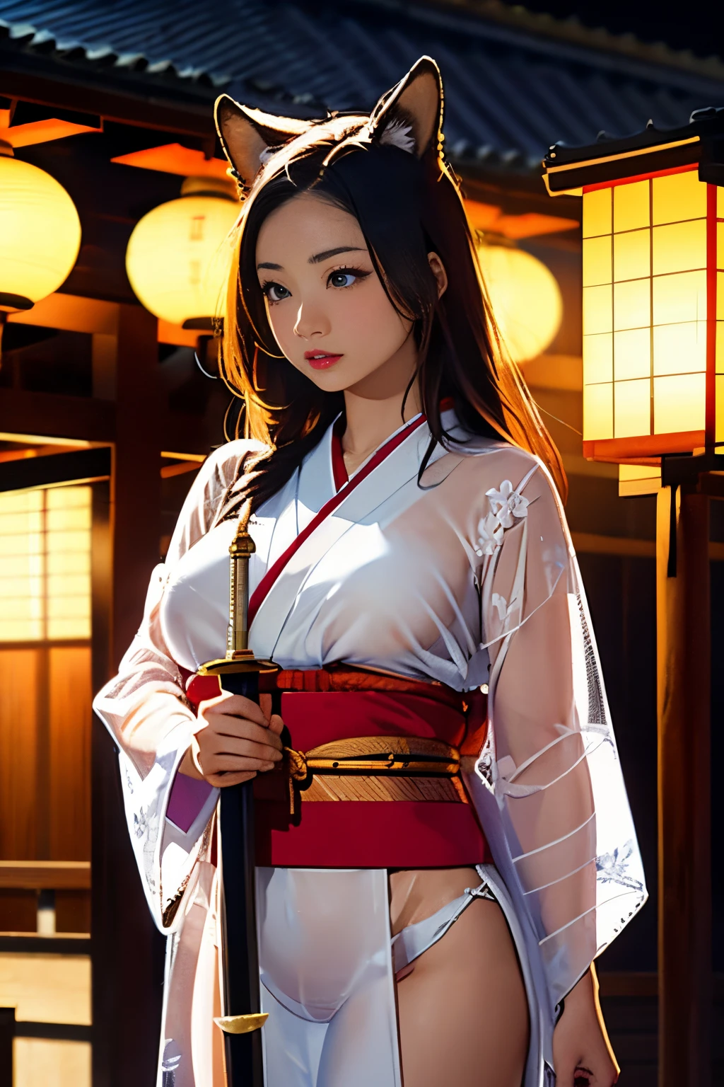 (((Looking away:1))), ((Look at another one:1)), fox incarnation、Sexy Female Warrior、Japan Yokai、Sexy fox female warrior with a Japanese sword、Fox ears、A figure holding a beautiful sword、(transparent kimono)、(Show off by wearing Japanese revealing clothes), nipples through, see-through japanese nightgown,