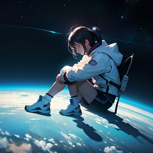 Sit with your knees。cosmic space。I look up into the distance and feel lonely。Alone。