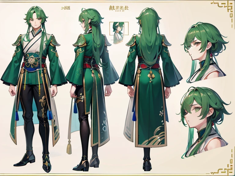 ((Masterpiece, Highest Quality)), Detailed Face, Character design sheet, full bodyesbian, Full of Details, frontal view, Rear view of the torso, Highly detailed, depth, many details, Muscular boy with green long hair,handsome male, traditional Chinese clothing, Genshin Impact, Taller Man
