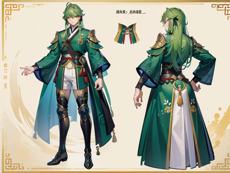 ((Masterpiece, Highest Quality)), Detailed Face, Character design sheet, full bodyesbian, Full of Details, frontal view, Rear view of the torso, Highly detailed, depth, many details, Muscular boy with green long hair,handsome male, traditional Chinese clothing, Genshin Impact, Taller Man