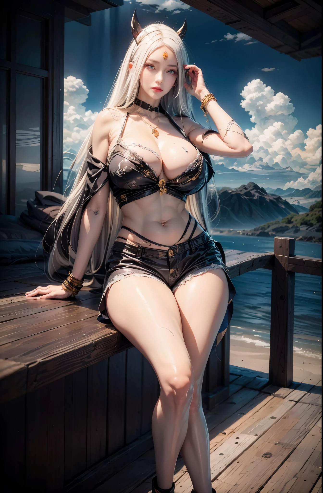 realistic, 1 women, best quality, 12k, HD, long hair, big round breasts, cleavage, ponytail, necklace, jewelry, shorts, short jacket, slim hips, hair tie, yellow eyes, black hair, super detailed, Eye details, hair details, person details, mouth details, face details, breast details, clothes details, hair details, pants details, hand details, whole body
