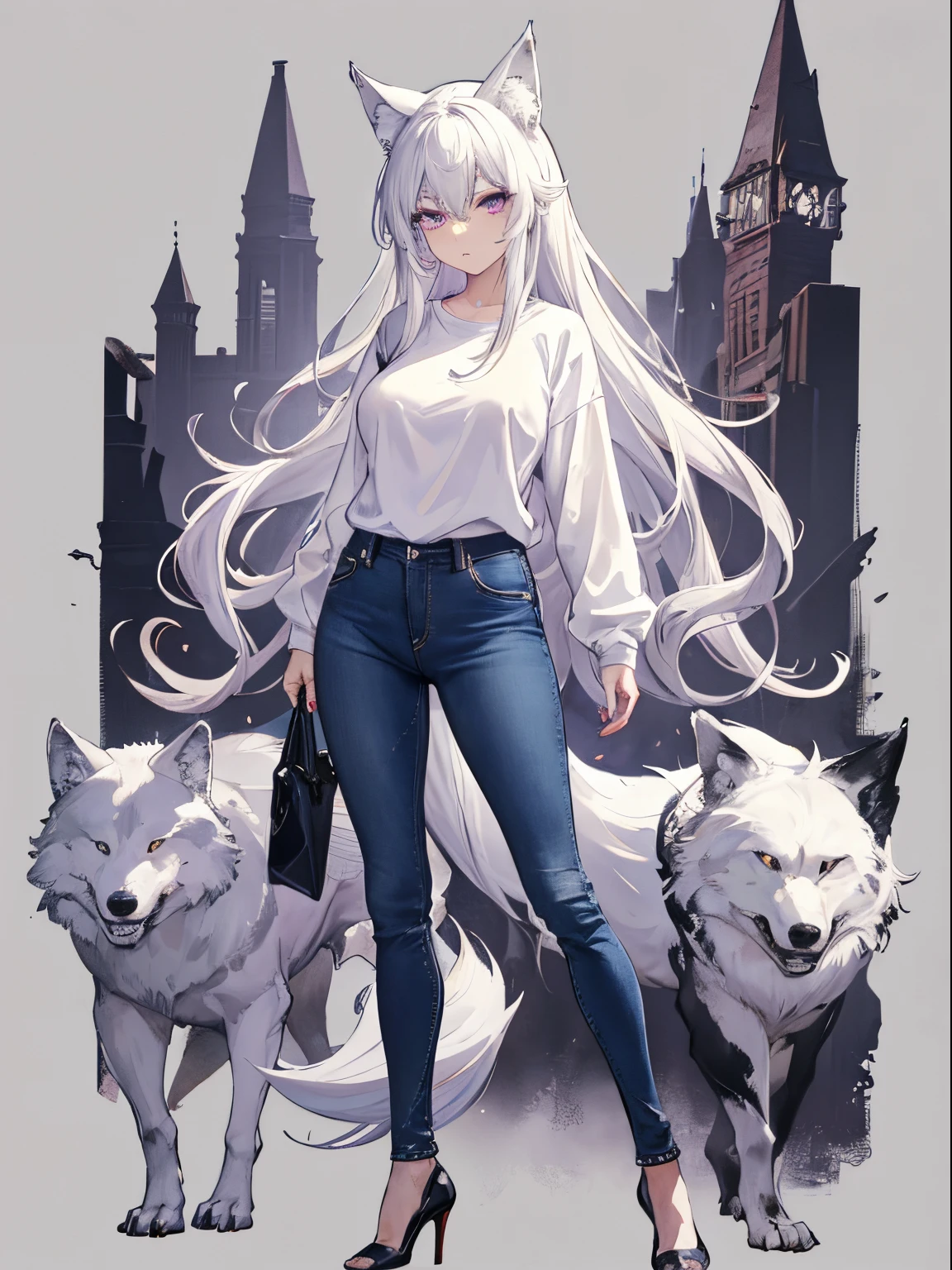 masterpiece, best quality, high contrast, masterpiece, best quality, high quality, perfect anatomi, 1girl, mature female, large breast, white color hair, purple eyes, messy hair, long hair, wolf ears, wolf tail, jeans, white shirt long sleeves, intenseglare, disgusted face, high heel, full body, standing, character sheet, white background,