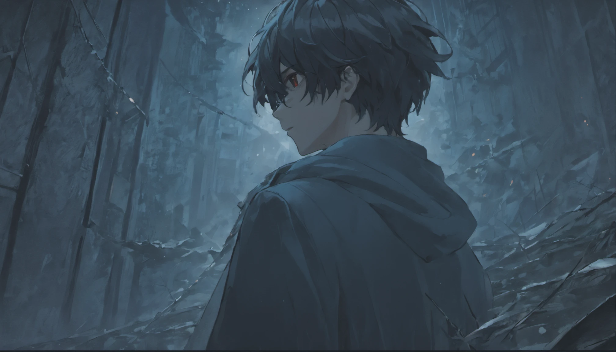 (Best Quality,despairing,Desperate,Dark-haired young man,deep in thought,Mysterious atmosphere),Oil Painting,Realistic,Ultra-detailed,emotional,Undeservedly beautiful,Loneliness and isolation,Bright blue and deep purple color scheme,Dramatic Lighting,ruined buildings,Overgrown leaves,Crumbling walls,endless darkness,fiery red sunset,Stormy sky,tears ran down his face,Sad look,Broken Dreams,There was a dashed hope in his eyes......,Distorted reality,dark secret,ominous shadows,Dagger in his hand,An uncertain future,Dim lantern,striking contrast,Expressive brush strokes and textures,Capturing moments of weakness and pain,attract the audience&#39;the feeling of,deeply introspective artwork.Distorted facial expressions,feeling of despair,Hold your head，face one&#39;inner self,devil&#39;whisper of,Diabolical,magic