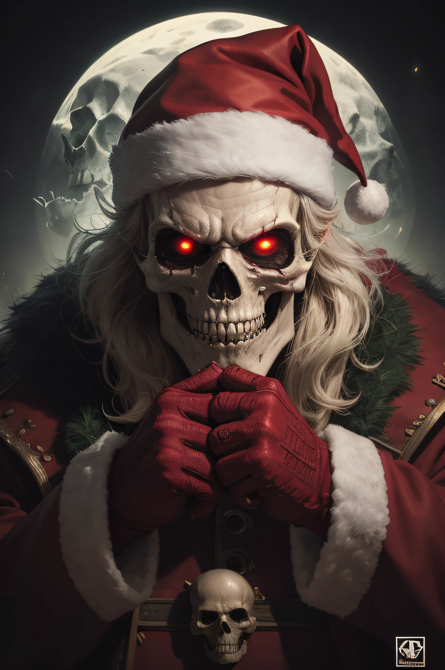 An advertisement featuring an illustration of a highly agitated and fierce Santa Claus with a happy yet crazy skull face. He's wearing the traditional red Santa outfit with white fur trim. His skull face is realistic, with hollow eye sockets and a sinister, unsettling grin. His hands are clenched into fists. The background is a dark cemetery under a night sky colored blood red, creating a dramatic and eerie atmosphere. The ad includes bold text at the top saying, 'CRANIO' in a font that matches the eerie and intense theme.