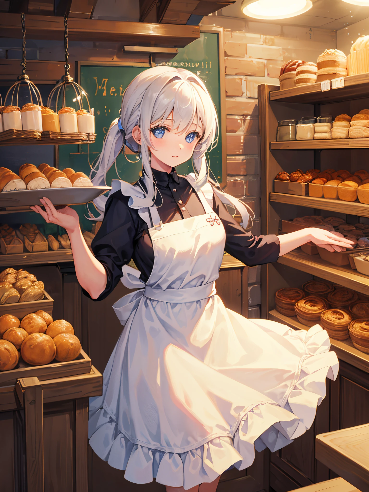One girl in a bakery with a tray in the hands.
She has an apron. Fantasy world, rpg background.