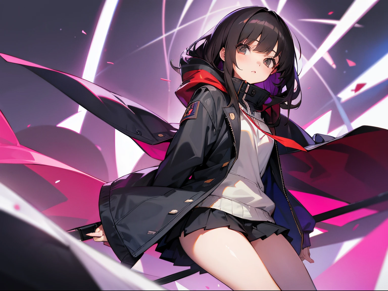 female high-school student　parka　a miniskirt　A dark-haired