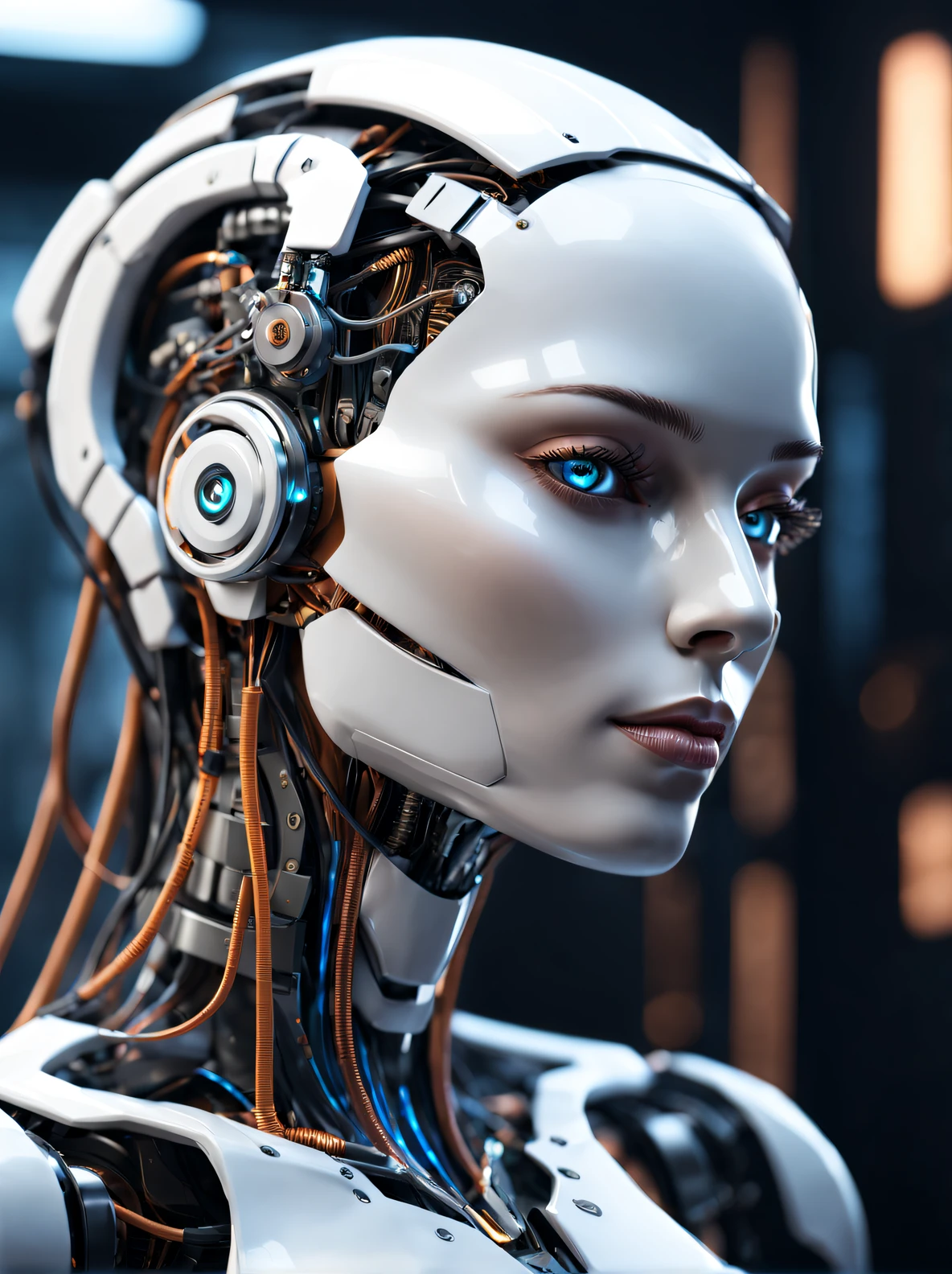 Nour Robot, Complex 3d rendering super detailed beautiful porcelain silhouette woman android face, Cyborg, cyborg robot parts, 150mm, Beautiful studio soft lighting, rim-light, vibrant detail, Luxury cyberpunk, Hyper-realistic, Anatomical, face muscles, Cable Electrical Wire, micro Chip, Elegant, beatiful background, octaneratingrendering, 8K