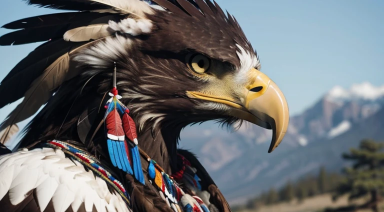 Close up view of an eagle&#39;s face with native american indian ornaments.
