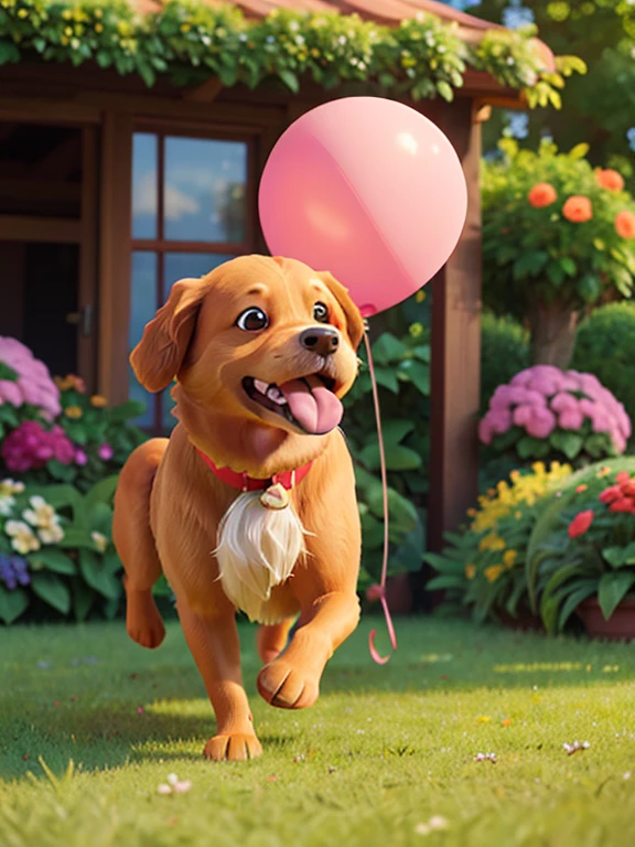 (a dog:1.1) holding a (dog-shaped) balloon,(best quality,4k,8k,highres,masterpiece:1.2),(realistic,photorealistic,photo-realistic:1.37)ultra-detailed portrait. The scene is set in a sunny garden with (vivid, vibrant:1.1) colors. The dog is a (golden retriever) with (shiny, golden:1.1) fur and (bright, cheerful) eyes. It has a joyful expression, with its (tongue:1.1) hanging out and a (playful:1.1) wagging tail. The balloon is in the shape of a cute (cartoonish) dog with a big smile. It is (bright red) and floats above the dog's head. The garden is filled with (colorful flowers) and (green grass) that create a vibrant and joyful atmosphere. The lighting is (soft and warm), casting a gentle glow over the scene. The dog and the balloon are the main focus of the artwork, capturing a moment of happiness and playfulness.