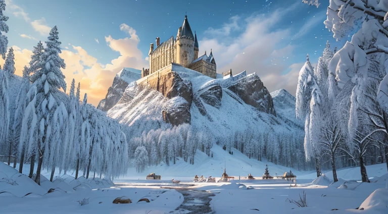 ((Obra maestra)), La mejor calidad, alta calidad, ((fondo de pantalla CG 8k extremadamente detallado)),(fantasy), Plaza de la ciudad llena de gente, Temporada de invierno, Ambiente nevado, magic movie style, harry potter movie style 3D digital paintings, rewarded photography, Bokeh, Profundidad de campo, HDR, florecer, chromatic abberation ,fotorrealista, extremadamente detallado, tendencias en Artstation, Tendencias en la sociedad CG, intrincado, High detail, dramatic, Arte por Midjourney