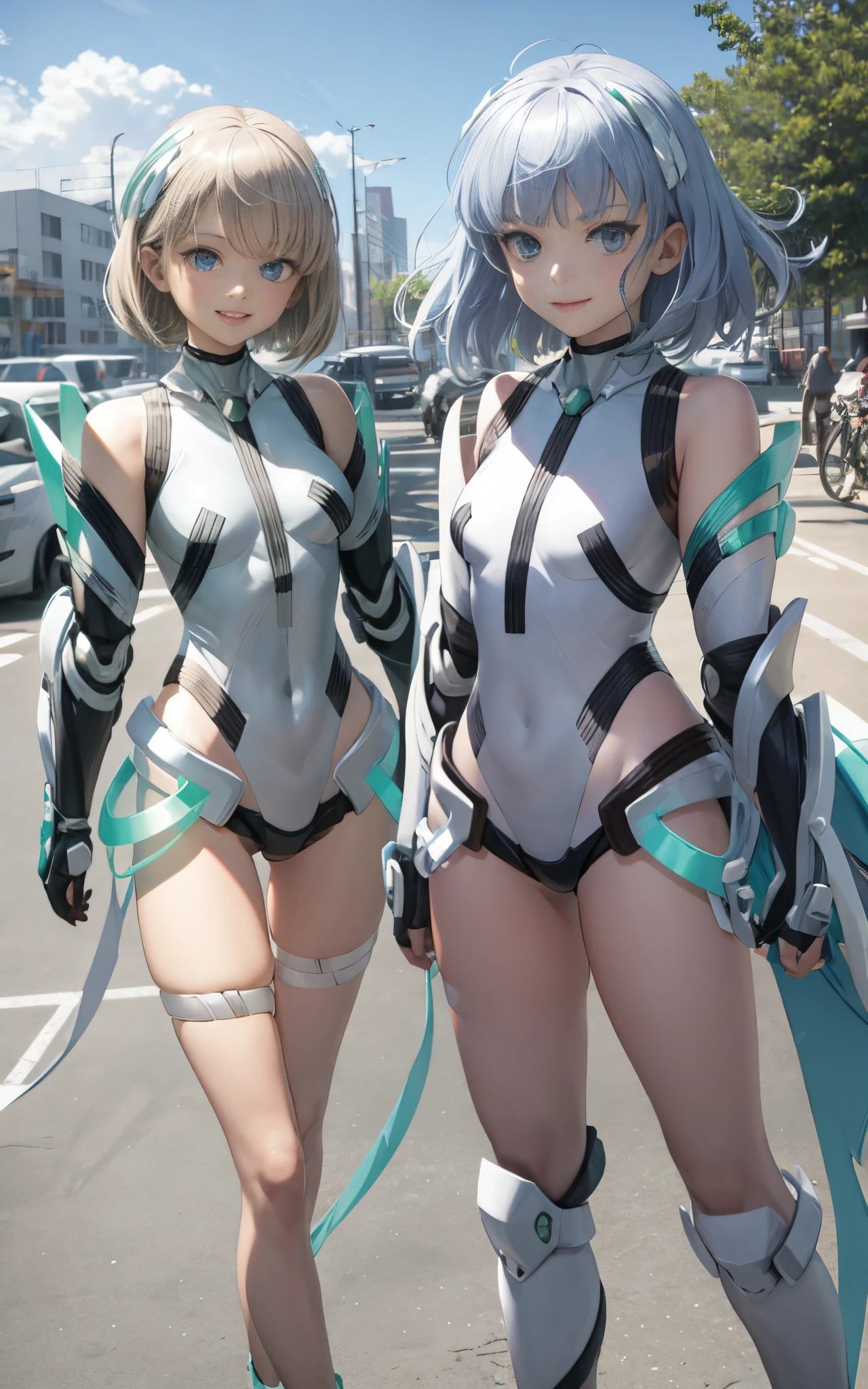 lightsmile, deva battle suit, Outdoors, Silver hair, bobhair, Blue eyes, waist shot