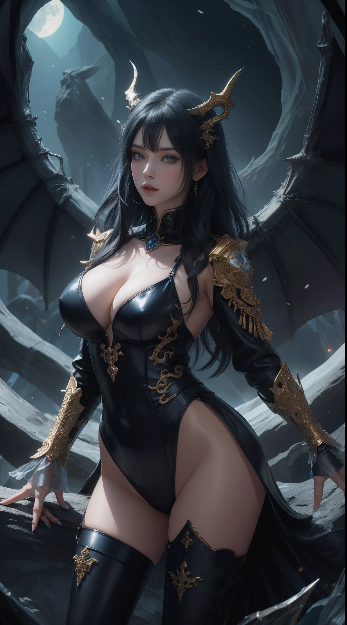 tmasterpiece,Highest image quality,Beautiful full body portrait of the noble dragon girl,Exquisite blue-black hairstyle,Clear golden eyes,Decorated with a series of dragon horns,White studded leather jacket,blackstockings,huge dragon wings,cave cave,Black silk beautiful feet,Ultra-detailed details,advanced。At the Pixiv Art Station,Break your own power,Luigi,Big breasts exposing cleavage,R-18G