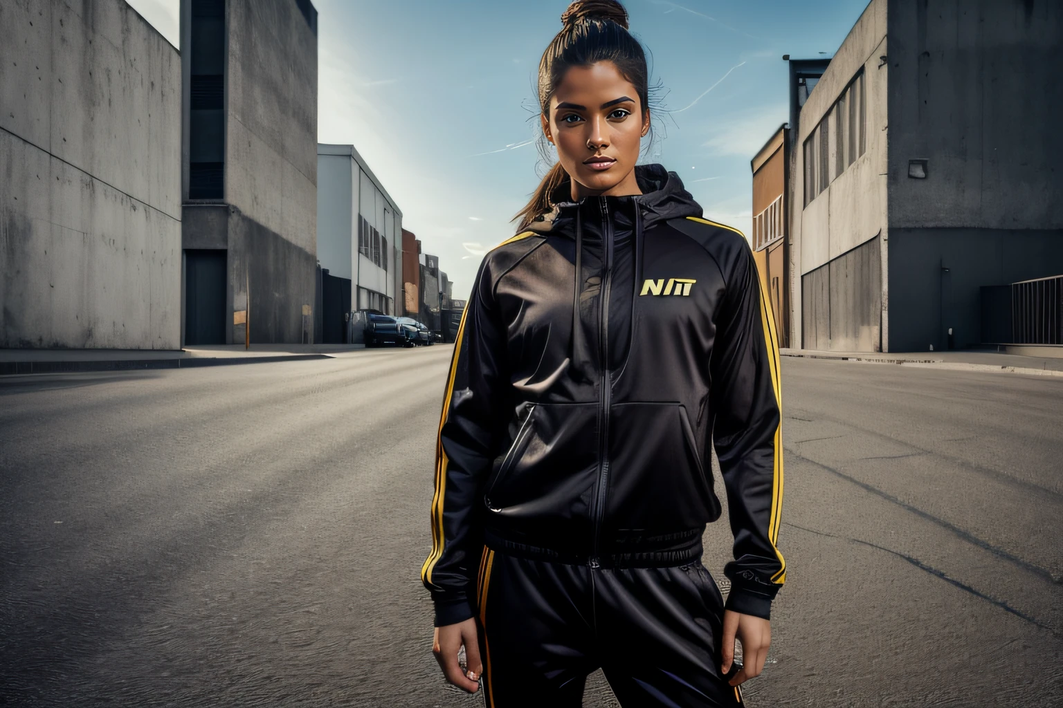 A confident full-body 30-years old beauty female model in velour tracksuit, poising on an urban street, medium: photo hyper-realism, style: edgy street fashion meets contemporary art, lighting: dramatic contrast with a mix of artificial and natural light, colors: bold and gritty with a focus on the textures of the tracksuit and street, composition: Nikon D850, AF-S NIKKOR 50mm f/1.8G lens, Resolution 45.7 megapixels, ISO sensitivity: 200, Shutter speed 1/125 second, close-up shot with a focus on the tracksuit, street art as a backdrop --ar 16:9 --v 5.1 --style raw --q 2 --s 750