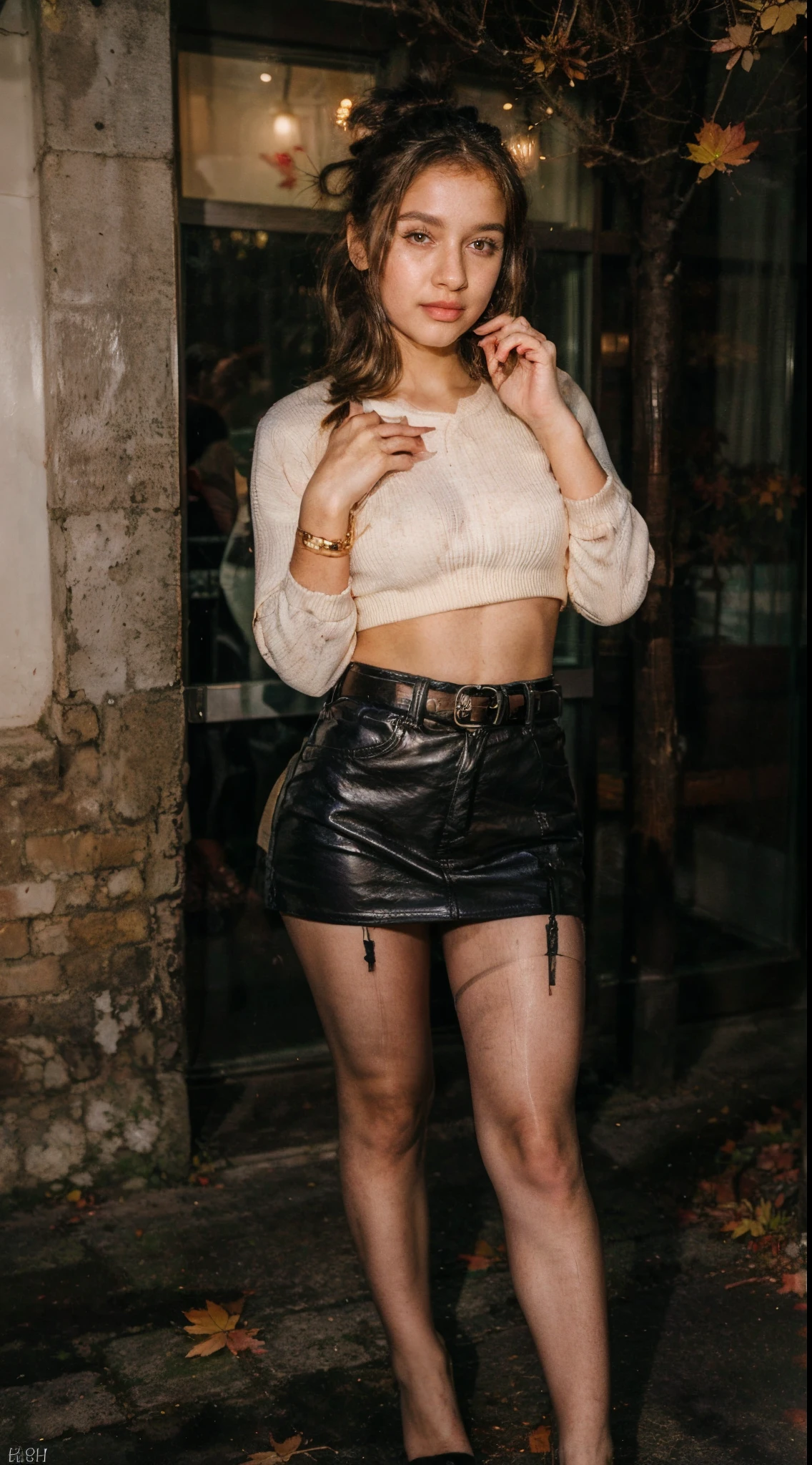 (((do not change her face))), ((RAW), a photo of a young girl, 25 years old, leather mini skirt, belt, handbag, loose sweater, (pantyhose), long pantyhose, black pantyhose, Realism, bun hair, a very nice photo, standing and posing to camera, in the street, winter style, (autumn:1.5), bracelets, heels, photo, full body pose in front of camera, ((Real Photo)), in the Turkey, İstanbul Autumn, black hair, bun hair, top knot, photo of a beautiful girl