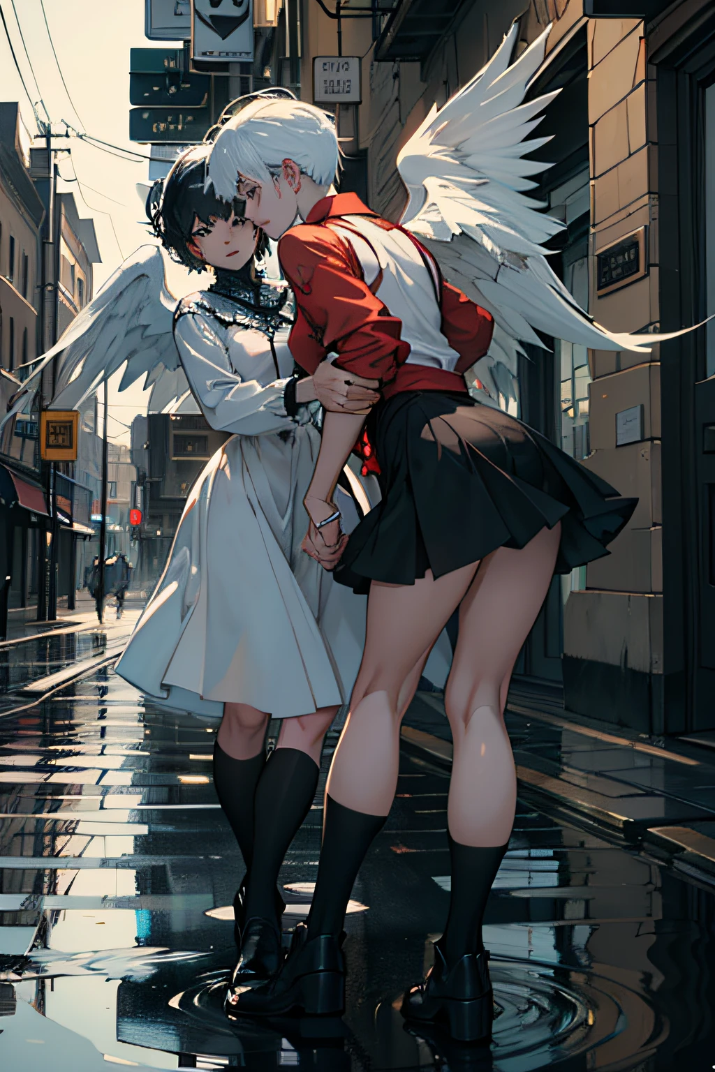 campus,two girls,16 years old,fair,hug each other tightly,,coat,Short skirt,Bare legs,White socks,sports shoes,emaciated,thin legs