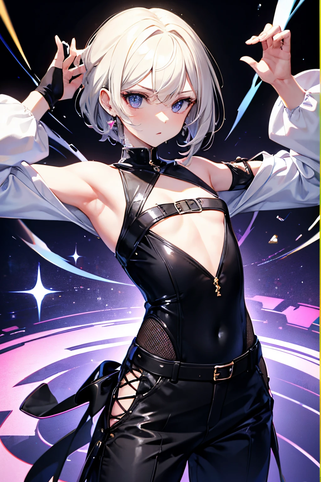 1girl, solo, (microdress), (golden), (bodycon), (miniskirt), pink latex, glasses, smaller breast, navel, (face focus), (o-ring:1.2), jewelry, necklace, waist cutout, belt, golden chain, thighhighs, highheels, heart shape, looking at viewer, shiny skin, oily skin, from the front, (chromatic aberration, intricate details), dynamic angle, 40K, HDR, highres,