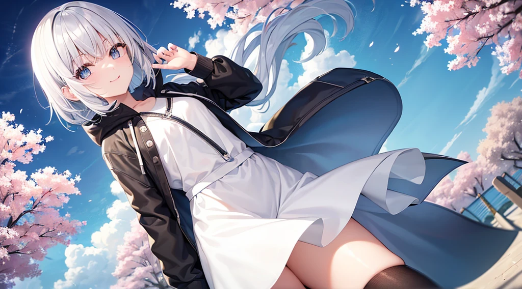 Ultra-high image quality,Look at viewers, hands behind back, girl with, 20 years old, Very short hair, long bangs between eyes, pale blue eyes, Hoodie, Skirt , Extremely detailed,(​masterpiece、top-quality)、独奏、White hair、A smile、White skin as clear as snow、Fantastical, Silver hair, Black eyes, Beautiful eyes,, Ecstasy, charmed, be smitten with audience, Hoodie, White hoodie,a black skirt,Hair is short,look down from above,(masutepiece, Best Quality:1.1),独奏, 1girll, Curve,White jacket, Casual style,Open jacket,  Cowboy Shot、独奏、Fluttering hair、a small face、hason、Bright smile、(parka、White sneakers)、(Fine fingers、Human hand)、(Detailed face) 、(top-quality: 1.4、tmasterpiece、 hyper HD、 Top resolution,、Very detailed、 profetional lighting、 Gray Light Lighting、Sea view,Cherry blossom background,fantastic landscape,Blue sky, Sunlight,