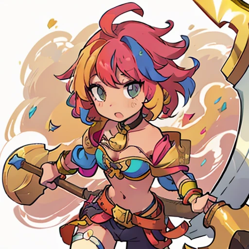 Girl, gold_hair, carnival_outift, body_slim, Rainbow_eyes, axe, afro_hair, down_pose