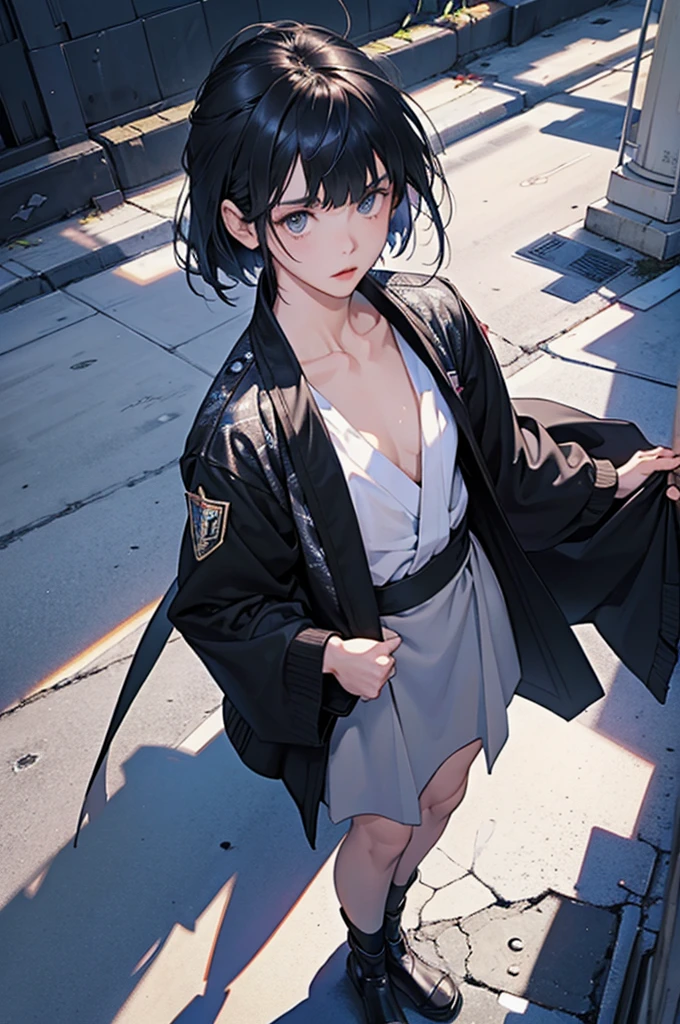 anime moe art style,Best Anime 8K Konachan Wallpapers,Badass Anime 8K,Perfect Anatomy, (Please draw a picture of a girl looking down on the city from the rooftop..........)From diagonally above,overhead angle,BREAK, 1 That girl is a female swordsman, (Solo,Lori,child,18year old:1.3), Androgynous attraction, (very long gray hair, Blunt bangs), Full limbs, complete fingers,flat chest, Small butt, groin, Beautiful dark eyes created by detailed 8K, jaket,Obi,flowing skirt, standing on the roof of a skyscrapper. BREAK, i have a mission.。Sasasasa...。Ultra-detailed,High resolution,super detailed skin, Professional Lighting, Illustration,Landscape of the near future