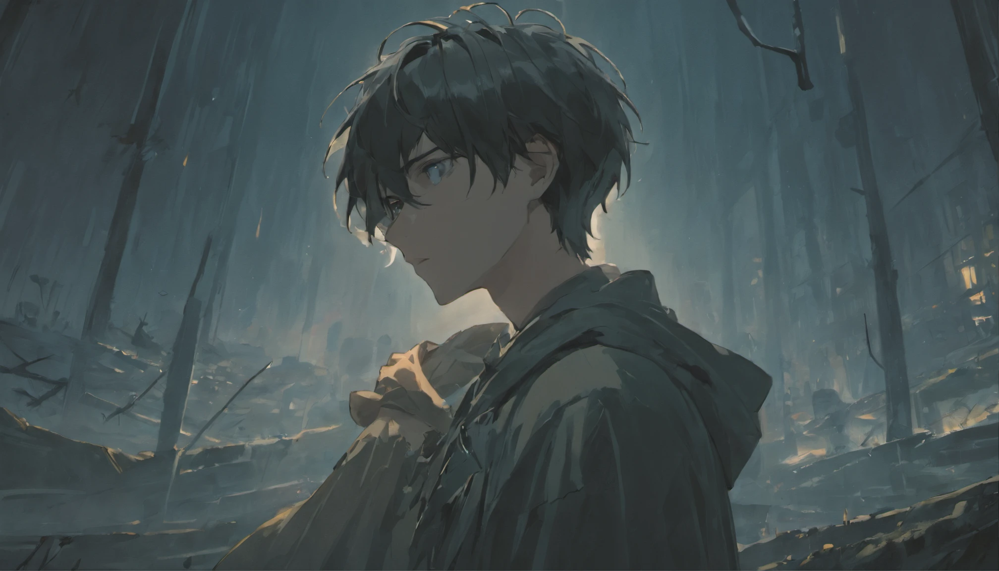 (Best Quality,despairing,Desperate,Dark-haired young man,deep in thought,Mysterious atmosphere),Oil Painting,Realistic,Ultra-detailed,emotional,Undeservedly beautiful,Loneliness and isolation,Bright blue and deep purple color scheme,Dramatic Lighting,ruined buildings,Overgrown leaves,Crumbling walls,endless darkness,fiery red sunset,Stormy sky,tears ran down his face,Sad look,Broken Dreams,There was a dashed hope in his eyes........,Distorted reality,dark secret,ominous shadows,Dagger in his hand,An uncertain future,Dim lantern,striking contrast,Expressive brush strokes and textures,Capturing moments of weakness and pain,attract the audience'the feeling of,deeply introspective artwork.Distorted facial expressions,feeling of despair,Hold your head,face one'Inner Self,devil'whisper of,Diabolical,Magic,saddened,seductiv,