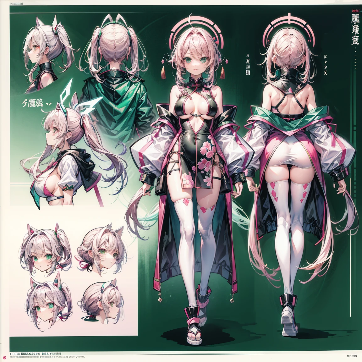 Character Sheets, Three types，Shot Full Body，Game Character Design，Victorizo ∨TSE∨,Stylistic expression, pastel colors, green, Toxic Green,  absurdress, Full of Details,2 d anime style, anime moe art style, Jazz & Increased, cute art style, Anime-style illustration, anime girl, Author: Kamagurka, in Pixiv, pixiv style, pixiv, in anime style, anime art style, Full Body Commission, neon colors, neon green, The same character, absurdress,traditional Chinese clothing,Full of Details, ((Character design sheet,same character,front,side,backboob)),illustartion, big weapon, Cyborg, baggy clothes, bright pink, long pink hair, baggy clothes ， Snowman padded jacket，anime character reference sheet，[character design]，full height