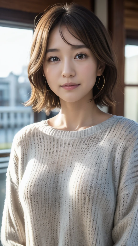 (the Extremely Detailed CG Unity 8K Wallpapers,masutepiece, Best Quality, Ultra-detailed, Looking at the camera:1.2, Light on Face:1.5, Gray background, profetional lighting), Lives in Japan30Old Female、short-hair, A dark-haired, Plump facial contours:1.5, (tthin eyebrows:1.25), Big shining eyes, Undersized nose, Soft mouth, slender physique, (Shirt under sweater), Sincere impression, noble mix fix v3.0