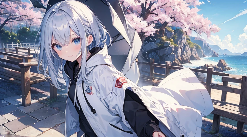 Ultra-high image quality,Look at viewers, hands behind back, girl with, 20 years old, Very short hair, long bangs between eyes, pale blue eyes, Hoodie, Skirt , Extremely detailed,(masterpiece、top-quality)、独奏、White hair、A smile、White skin as clear as snow、Fantastical, Silver hair, Black eyes, Beautiful eyes,, Ecstasy, charmed, be smitten with audience, Hoodie, White hoodie,a black skirt,Hair is short,look down from above,(masutepiece, Best Quality:1.1),独奏, 1girll, Curve,White jacket, Casual style,Open jacket, Cowboy Shot、独奏、Fluttering hair、a small face、hason、Bright smile、(parka、White sneakers)、(Fine fingers、Human hand)、(Detailed face) 、(top-quality: 1.4、tmasterpiece、 hyper HD、 Top resolution,、Very detailed、 profetional lighting、 Gray Light Lighting、Sea view,Cherry blossom background,fantastic landscape,Blue sky, Sunlight,