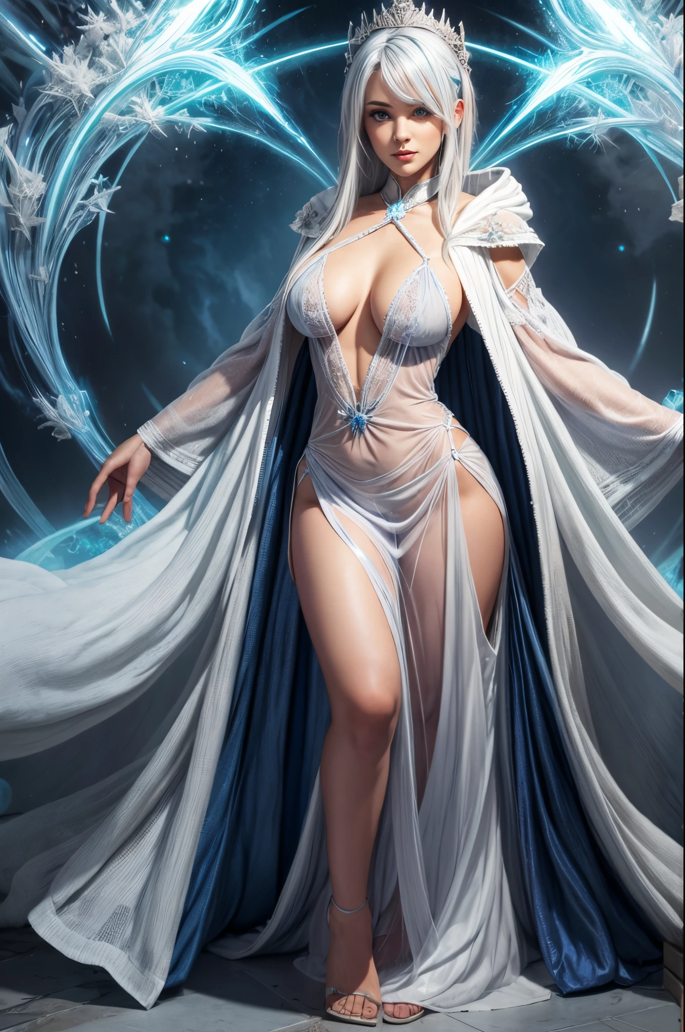 1girl, sorceress, full body shot, see-through robe, blue-white hair, frost mage